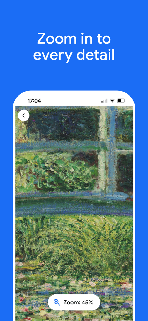 인상주의 회화를 고해상도로 확대한 모습을 보여주는 Google Arts and Culture 앱 인터페이스