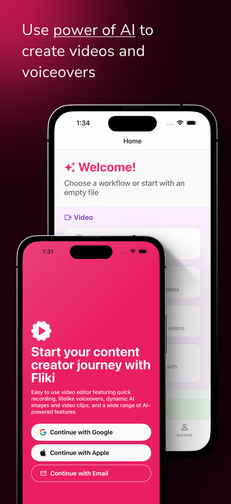 Fliki - AI Video Editor - Two mobile phone screens showing the Fliki AI video editor welcome and login interface for content creators