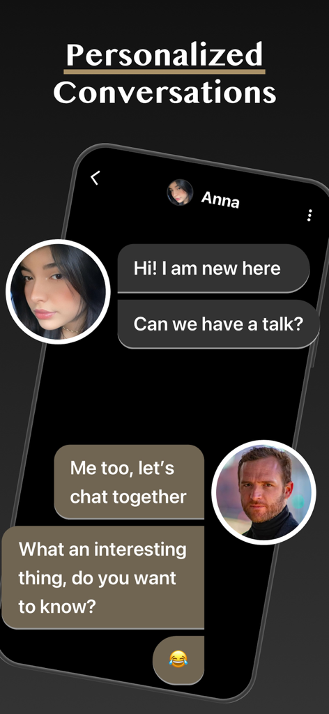Whisper Muse Mind - Una pantalla móvil que muestra la función de conversaciones personalizadas de Whisper Muse Mind con burbujas de chat y fotos de perfil.