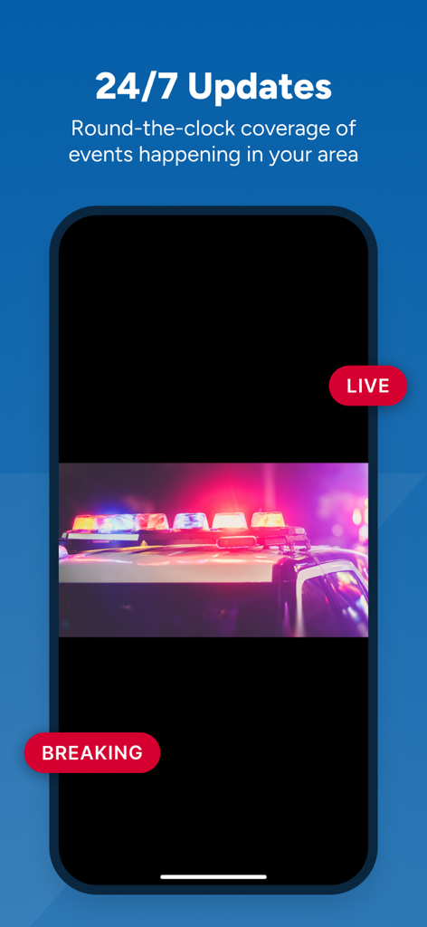 KING 5 News for Seattle/Tacoma - A mobile phone displaying the KING 5 News app with a 24/7 breaking news alert featuring police siren lights and a live tag.