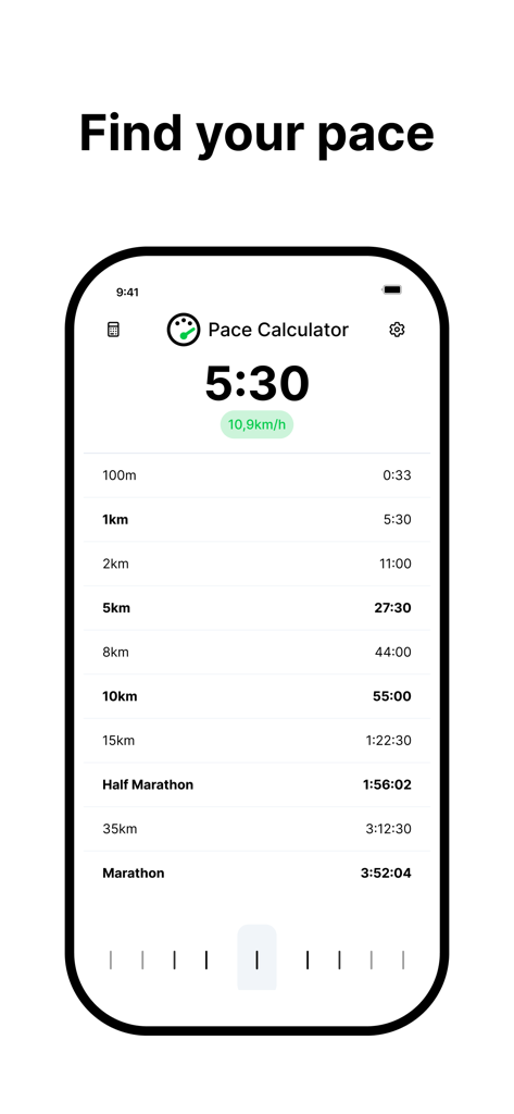 Pace Calculator Pro - Interface do Calculadora de Ritmo Pro exibindo tempos de passagem calculados para distâncias de 100m a uma maratona completa
