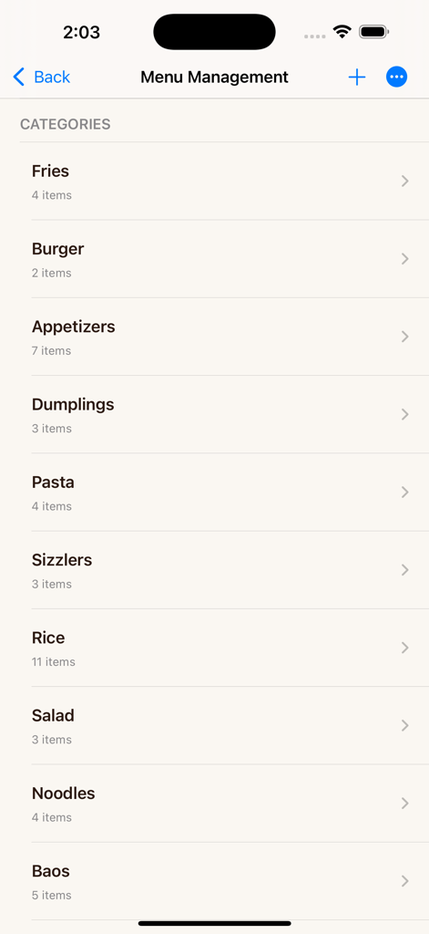 The Lazy Potato - Digital menu management screen displaying a list of food categories and item counts