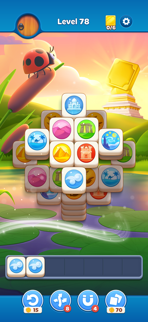 Zen Match mobile game screen with tile matching puzzle and peaceful nature background