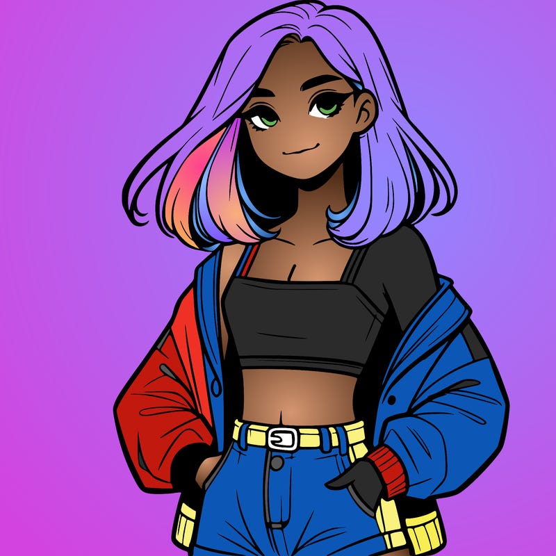 a realistic girl with a crop top and short shorts in an open jacket