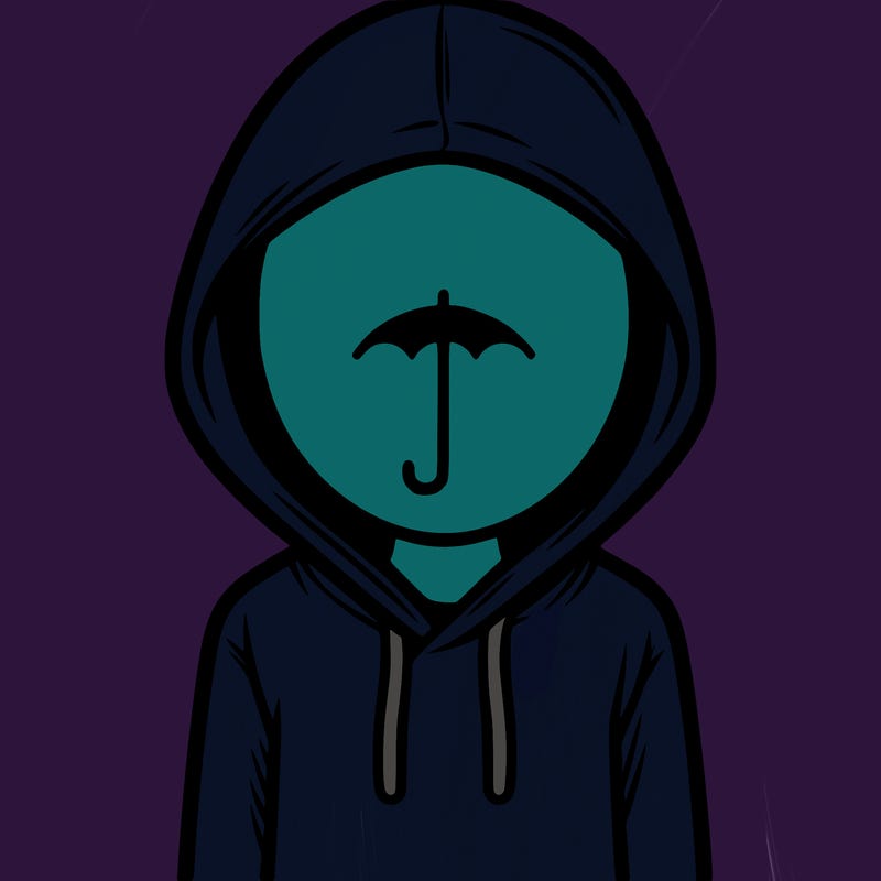 a person with non face waering a hoodie with a small umbrella symbol