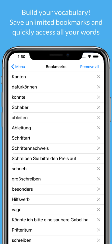 German Dictionary & Thesaurus - A list of bookmarked German words and phrases in the dictionary app for vocabulary building.