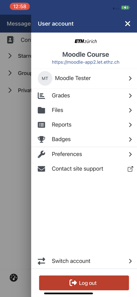 ETH Moodle - Benutzerkontomenü der ETH Moodle App mit Optionen für Noten, Dateien und Berichte