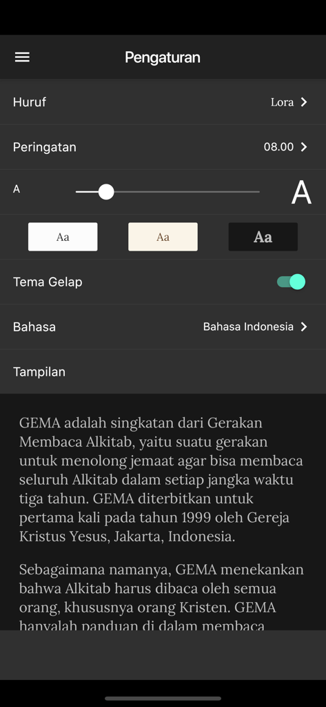 GEMA - Settings screen of GEMA Bible reading app showing dark mode and font options in Bahasa Indonesia
