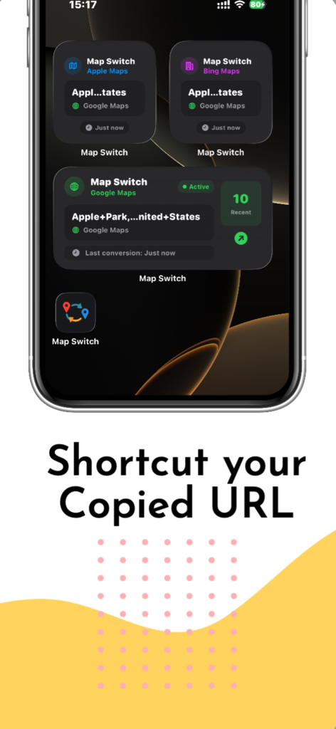 MapSwitch: Convert Map Links! - MapSwitch app widgets on an iPhone home screen displaying shortcuts to convert copied map URLs between services like Google Maps and Apple Maps.