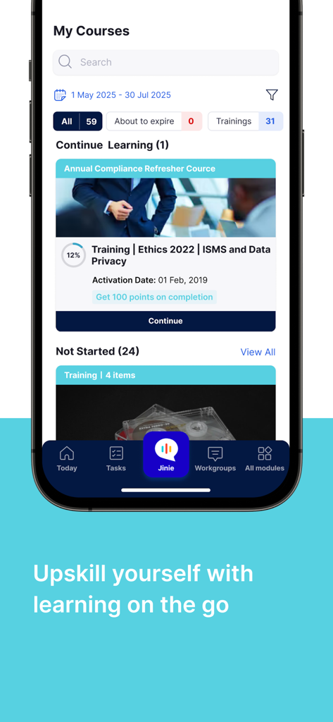 PeopleStrong - Screenshot of the PeopleStrong app showing the learning module with professional courses like ethics and data privacy