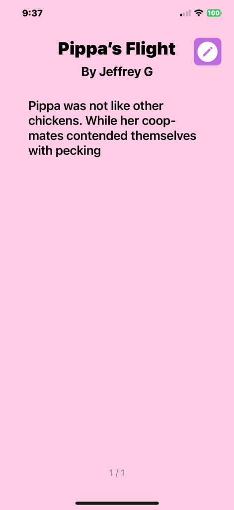 Simple Book Creator - Page de l'histoire intitulée Le vol de Pippa avec un fond rose dans l'application Simple Book Creator