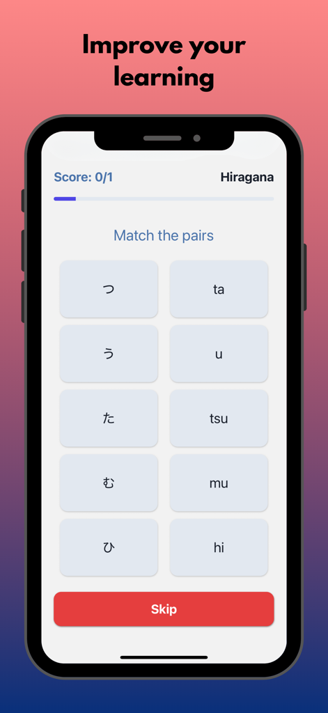 KanaDojo: Hiragana & Katakana - KanaDojo app interface showing a Hiragana character matching pairs quiz.