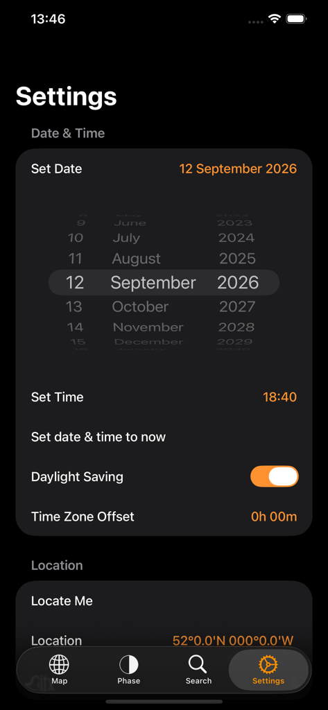 Venus Atlas - 金星アトラスアプリの設定画面で、日付、時刻、位置設定オプションが表示されています。