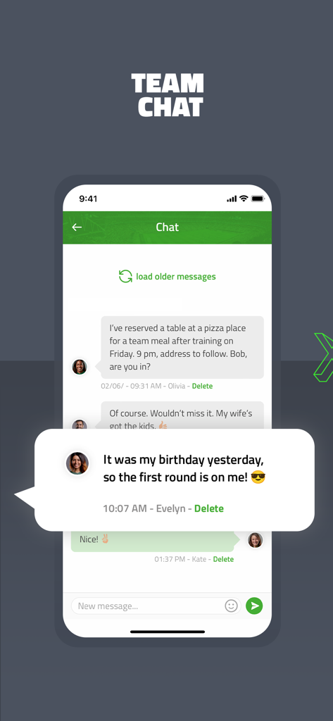 Mobile Benutzeroberfläche der TeamPlus-App, die die Team-Chat-Funktion für Sportkoordination und Nachrichten anzeigt.