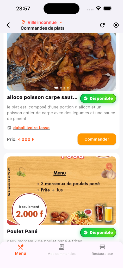 Faris - Faris mobile app screen showing a restaurant menu with local dishes like fried plantains and fish