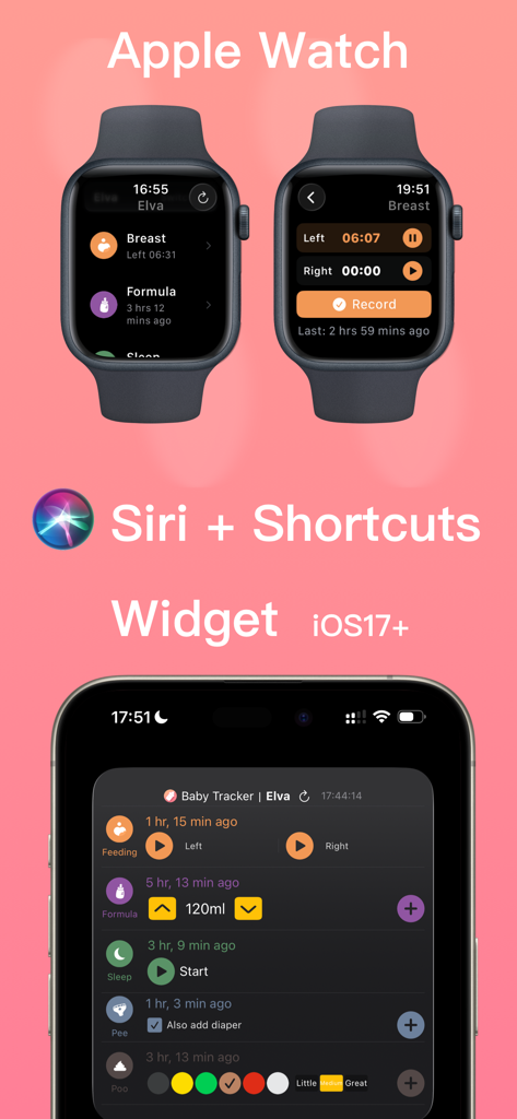 Baby Tracker App-Oberfläche auf Apple Watch und iPhone-Widget zur Verfolgung von Neugeborenen-Fütterungen und Schlaf.