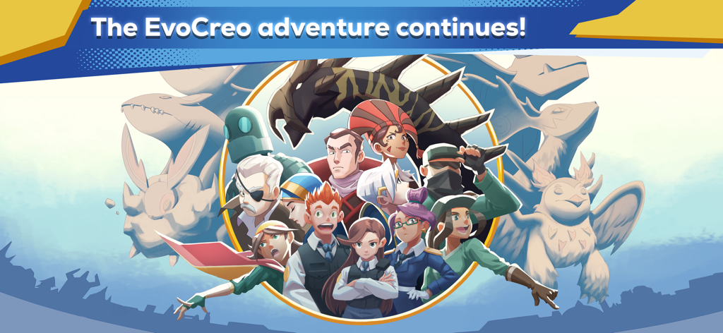 EvoCreo2: Monster Trainer RPG - Un grupo diverso de entrenadores y siluetas de monstruos de EvoCreo 2