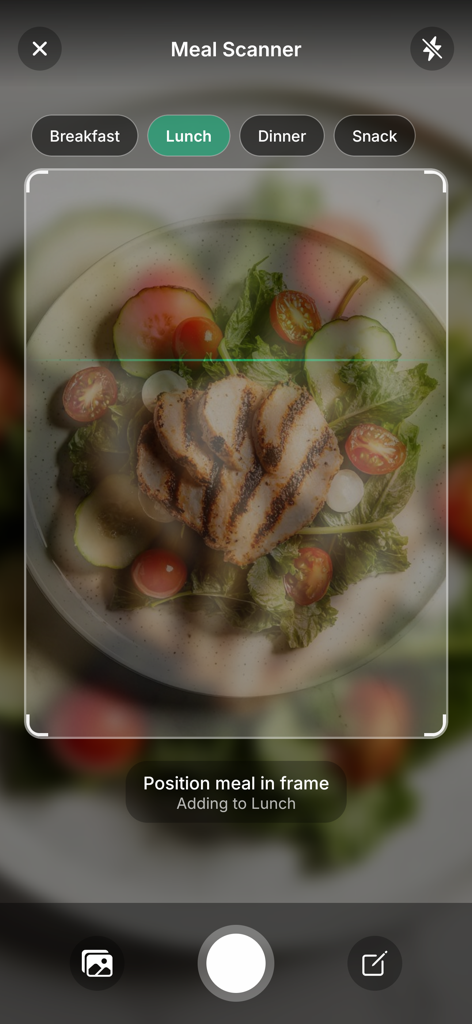 Kaloria - AI Calorie Tracker - Kaloria AI meal scanner interface scanning a chicken salad for lunch