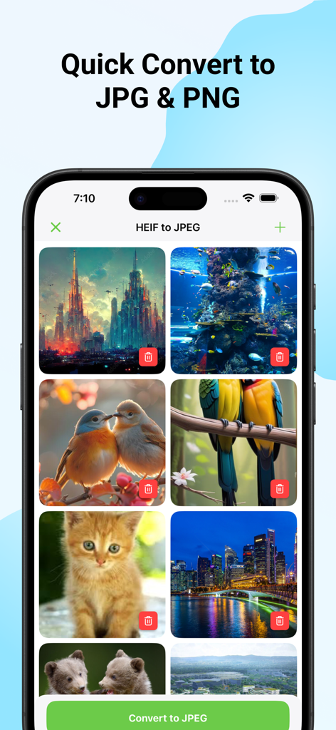 Gallery - Photo Locker - HEIF to JPEG converter interface in the Gallery Photo Locker app showing a grid of selected photos