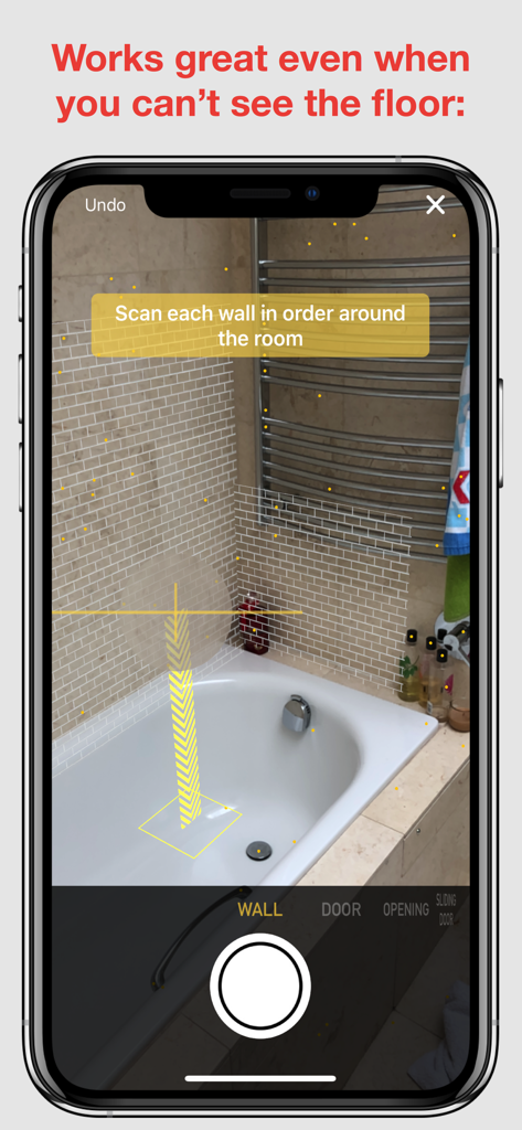 RoomScan Classic - Interface do aplicativo RoomScan Classic escaneando uma parede de banheiro usando realidade aumentada