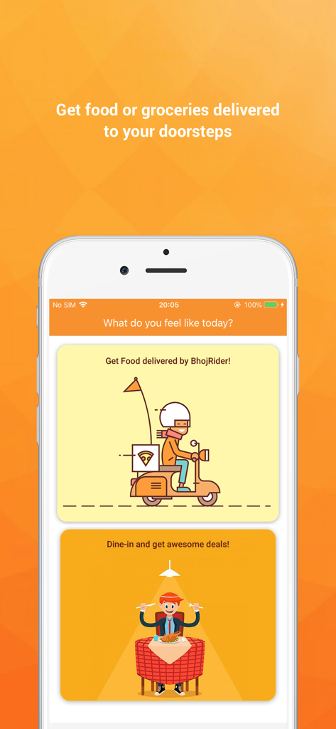 Bhojdeals (Now Bhoj) - Bhoj app main screen with options for food delivery and dine-in deals featuring illustrated characters.