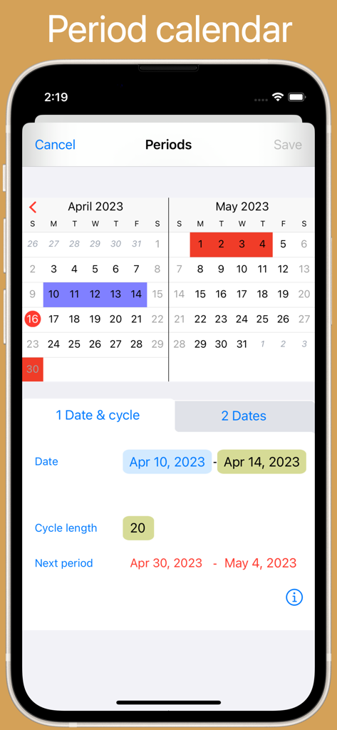 ContactsPro HX - Interface de calendrier menstruel et de suivi du cycle menstruel dans l'application ContactsPro HX