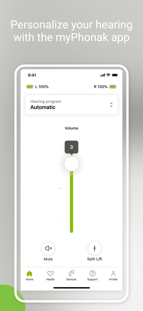 myPhonak - Schermata principale dell'app myPhonak che mostra un cursore del volume verticale e i livelli della batteria per gli apparecchi acustici sinistro e destro.