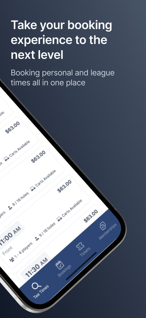 Tee On mobile app screenshot showing golf tee time availability and booking options