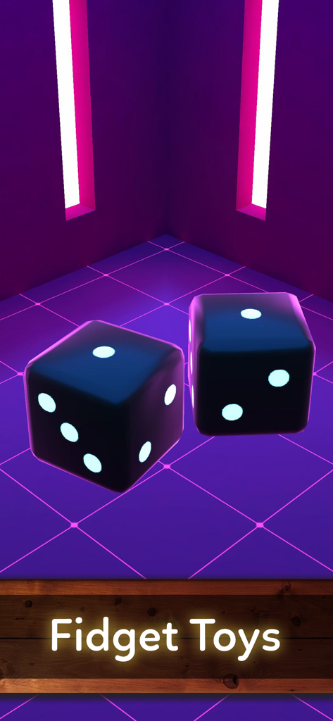 Stress Relief & Relaxing Games - Two black dice in a neon purple room labeled Fidget Toys