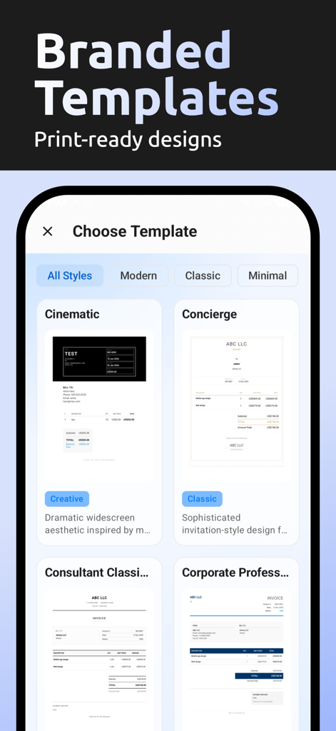 AI Invoice & Estimate Maker - Mobile app interface showing various professional branded invoice templates like cinematic and concierge styles
