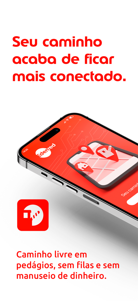 TAG Edenred - Um smartphone exibindo o aplicativo de mobilidade TAG Edenred com um mapa e um ícone de cabine de pedágio vermelha.