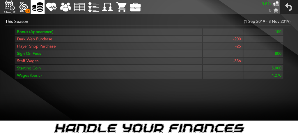 A financial dashboard in the Basketball Superstar game showing a list of income and expenses for the season.
