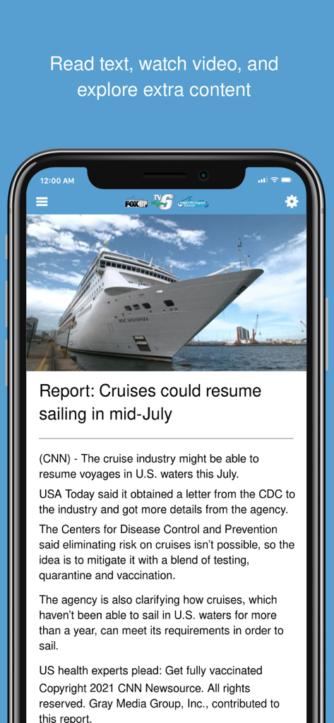 TV6 & FOX Up - WLUC News - Smartphone screen showing a news article about cruise ships on the TV6 and FOX Up WLUC News app.