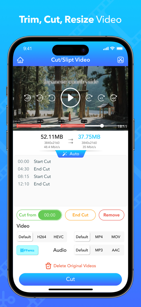 Video Compress - Shrink Resize - An iPhone screen displaying the video trimming and cutting interface with options for file size reduction and format conversion.