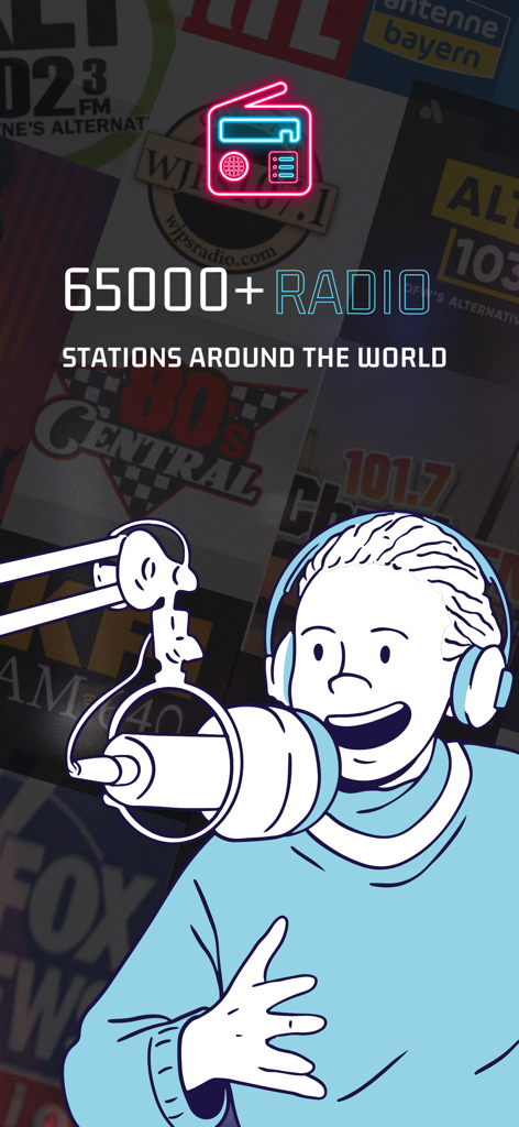 Captura de ecrã da aplicação Rádio FM mostrando mais de sessenta e cinco mil estações de rádio em todo o mundo com uma ilustração de um apresentador de rádio.