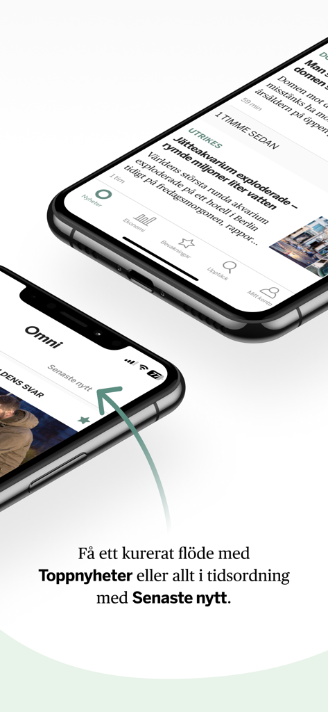 Smartphone screens displaying the Omni news app with curated top stories and latest news feeds.
