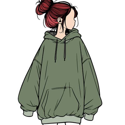 realistic girl with a oversized sweatshirt on and a bun