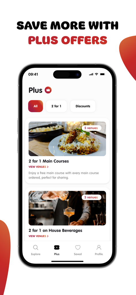 Hoppy: Spend Less, Do More. - Hoppy-App-Oberfläche, die exklusive Plus-Mitgliedschaftsangebote für 2-für-1-Hauptgerichte und Hausgetränke anzeigt