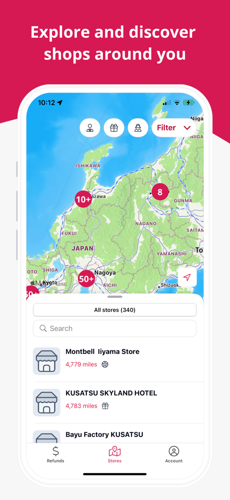 Mobile app screen of Pie VAT showing a map of Japan with partner store locations and a list of shops.