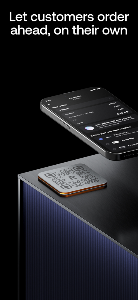 Revolut POS - A smartphone displaying the Revolut POS checkout screen next to a physical QR code for customer self-ordering