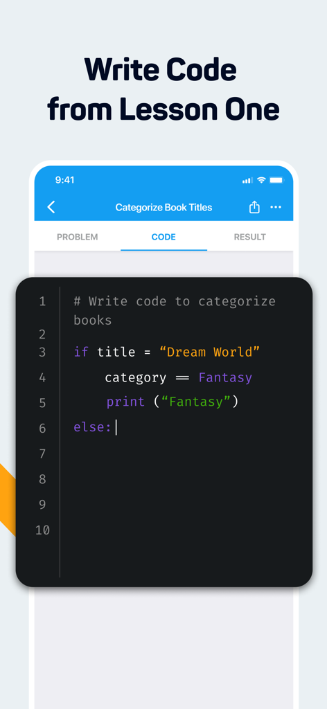 Sololearn app interface showing a mobile code editor with a Python programming lesson for beginners