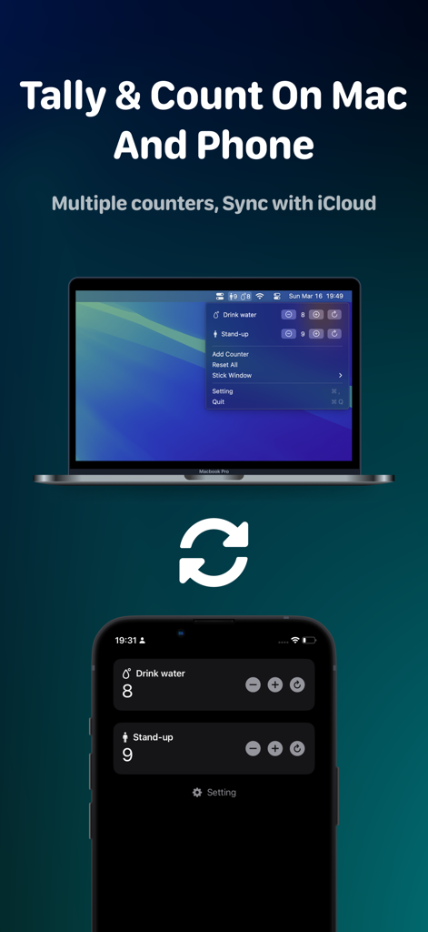 Countly - Tally&Count On Menu - Interfaz de la aplicación Countly mostrando sincronización multidispositivo entre Mac y iPhone