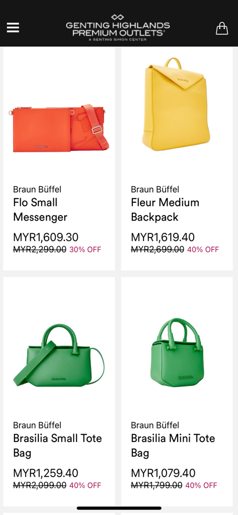 Premium Outlets Malaysia - Aplicativo Premium Outlets Malaysia mostrando bolsas e mochilas de luxo Braun Buffel com desconto