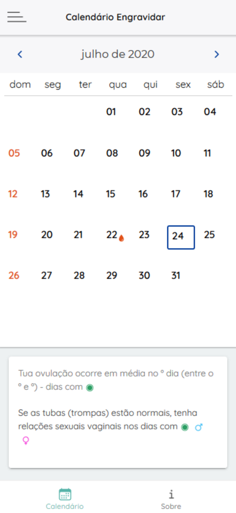 Un calendario de seguimiento de fertilidad en la aplicación Ginecología que muestra la ovulación y los ciclos mensuales