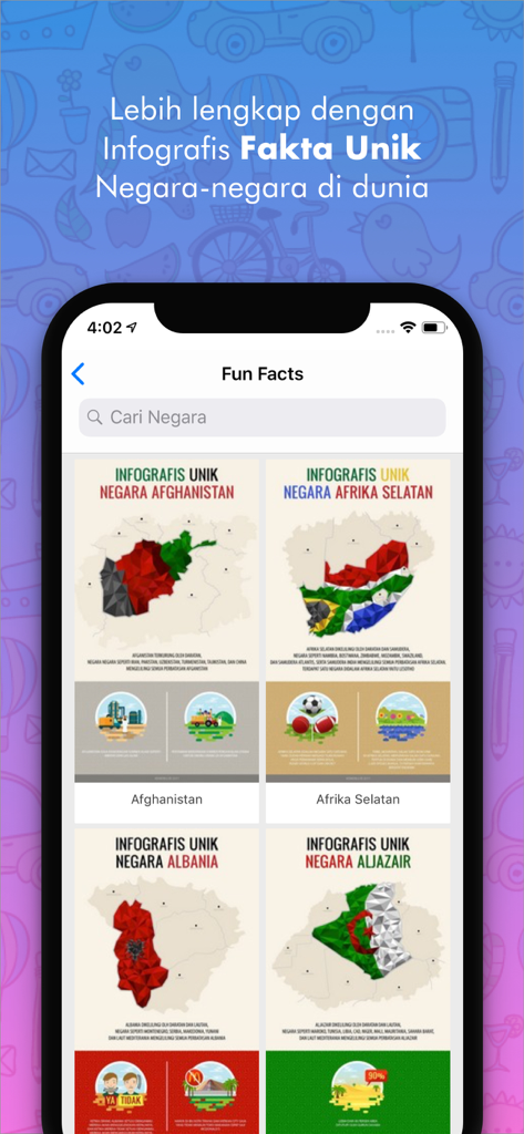 Safe Travel - Pantalla móvil que muestra infografías del país y datos curiosos en la aplicación Safe Travel.
