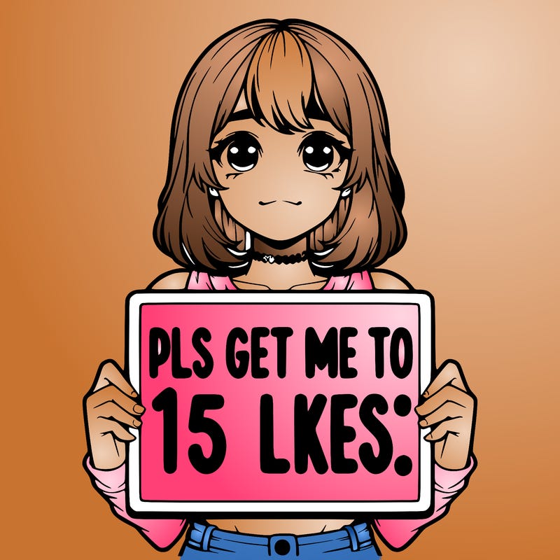 realistic girl holding up a sign that says “pls get me to 15 likes!”