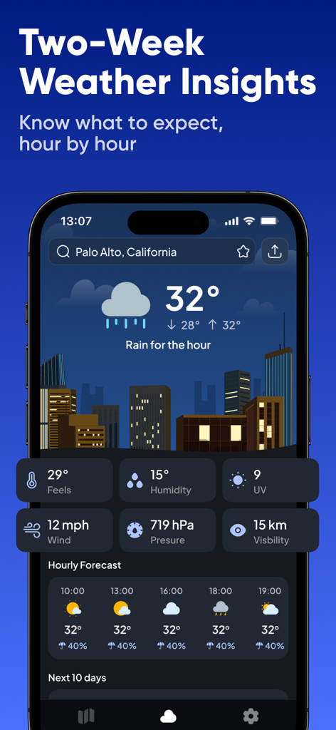 NOAA: Weather Radar & Forecast - Un teléfono inteligente mostrando la aplicación NOAA Weather con información de dos semanas y pronósticos por hora