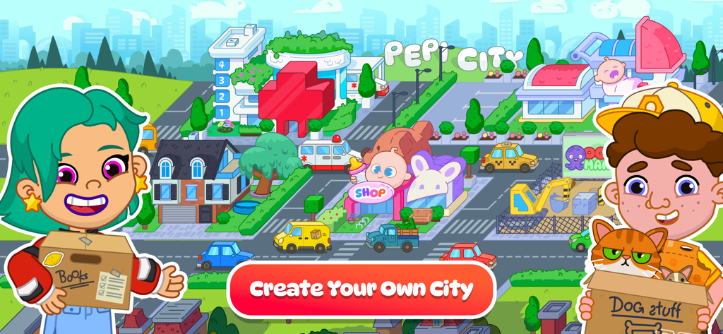 Pepi City: Hospital Life - Panoramica in stile cartone animato della mappa di una città in Pepi City Hospital Life con un ospedale e personaggi che trasportano scatoloni