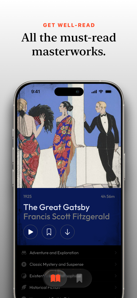 iPhone screen showing The Great Gatsby audiobook in the Opus Classics app with a vintage illustration.
