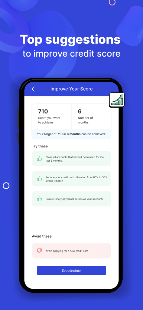 OneScore app screen showing personalized tips and actions to improve credit scores over time